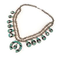Zuni Silver and Channel Inlay Squash Blossom Necklace