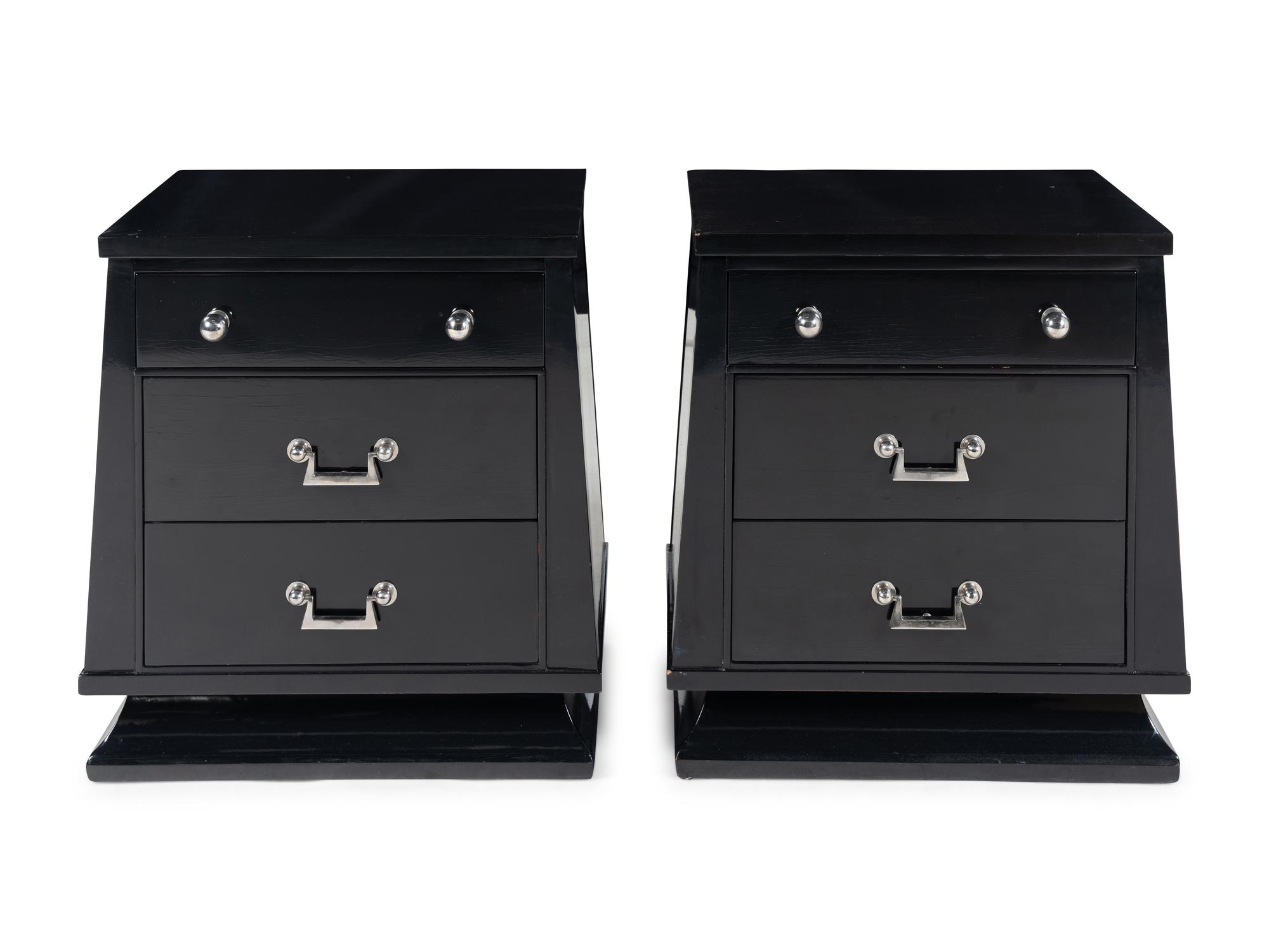 A Pair of James Mont Black-Painted Nightstands