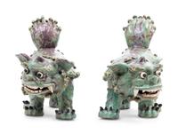 A Pair of Shiwan Red and Green Glazed Stoneware Figures of Fu Lions