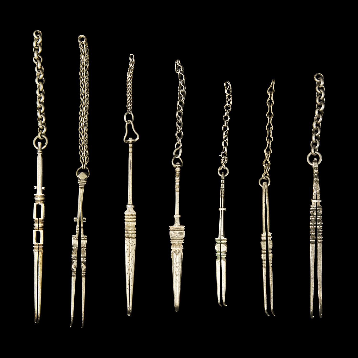 A Large Group of 31 Chinese Silver Tools, Qing Dynasty and Earlier 清及更早 銀事件兒一組