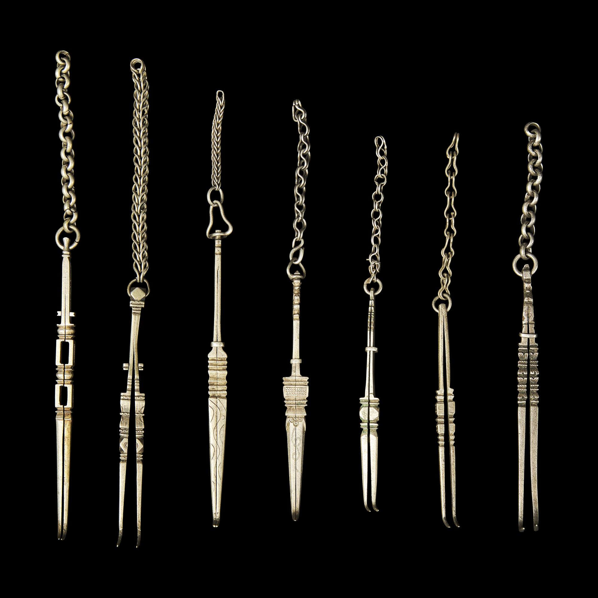 A Large Group of 31 Chinese Silver Tools, Qing Dynasty and Earlier 清及更早 銀事件兒一組
