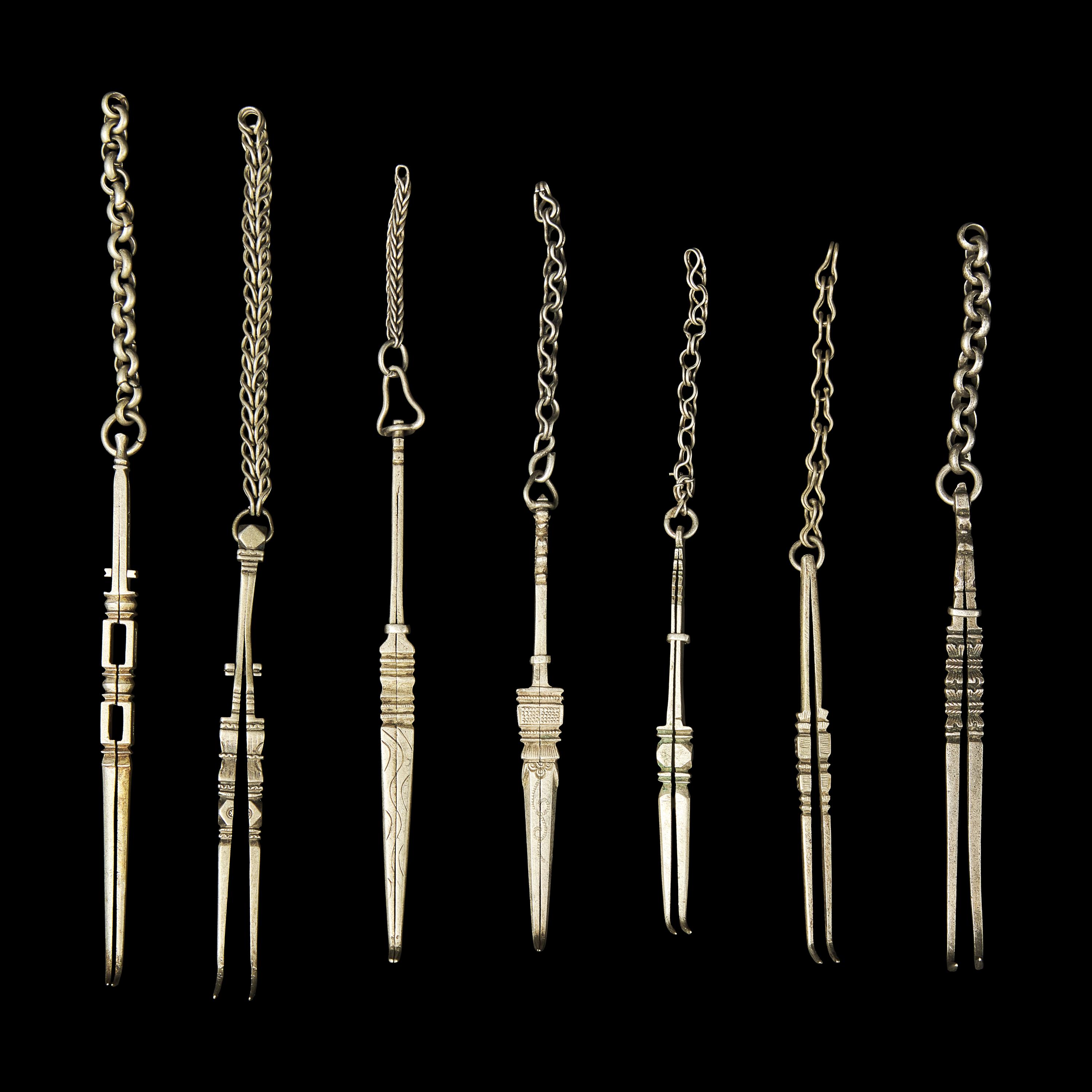 A Large Group of 31 Chinese Silver Tools, Qing Dynasty and Earlier 清及更早 銀事件兒一組