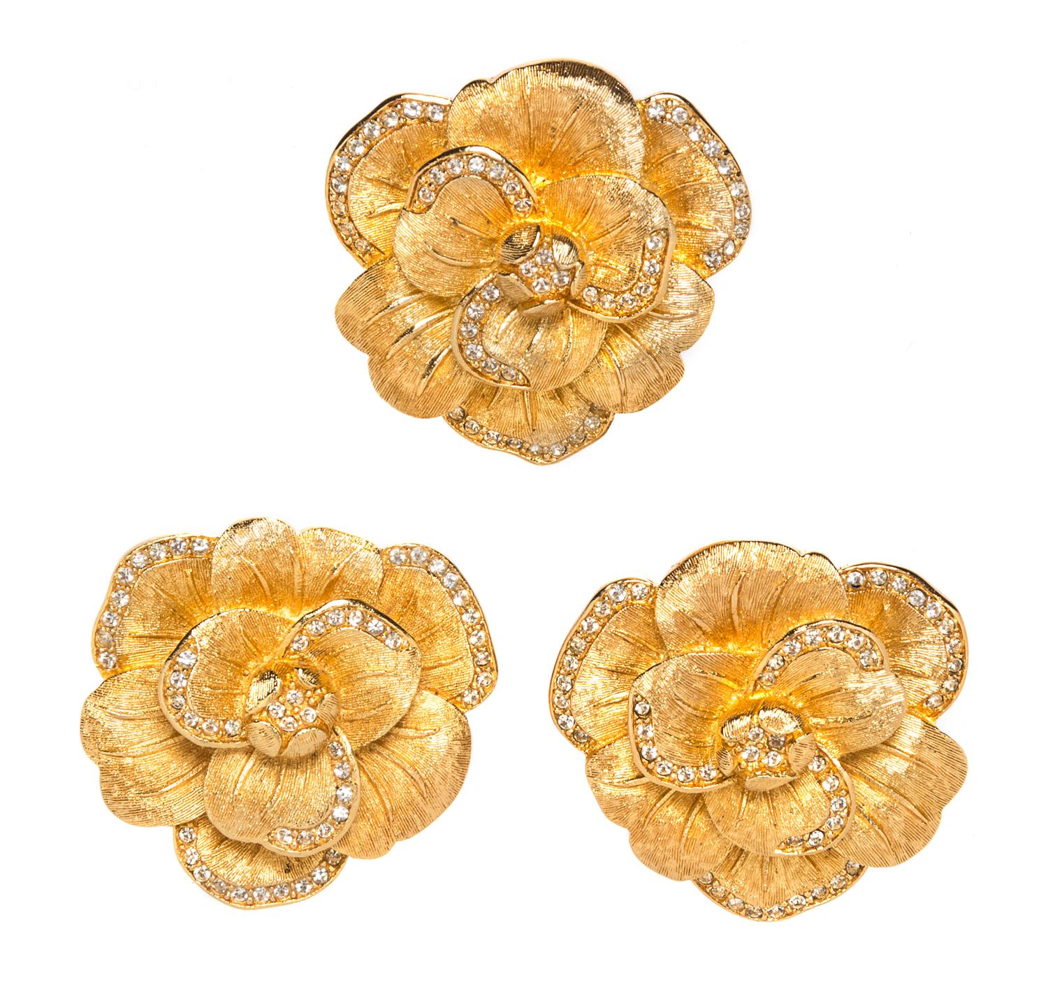 A Christian Dior Goldtone Floral Brooch and Earclips, 1.5" x 1.5".