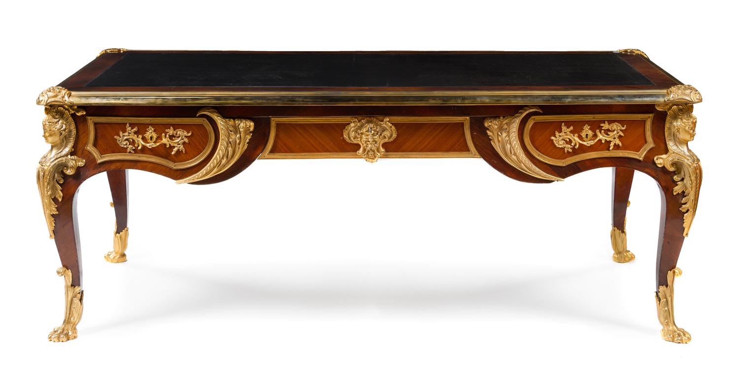 A Louis XV Style Gilt Bronze Mounted Bureau Plat Height 30 x width 78 x depth 39 inches. — STAMPED H. GEORGES, LATE 19TH CENTURY