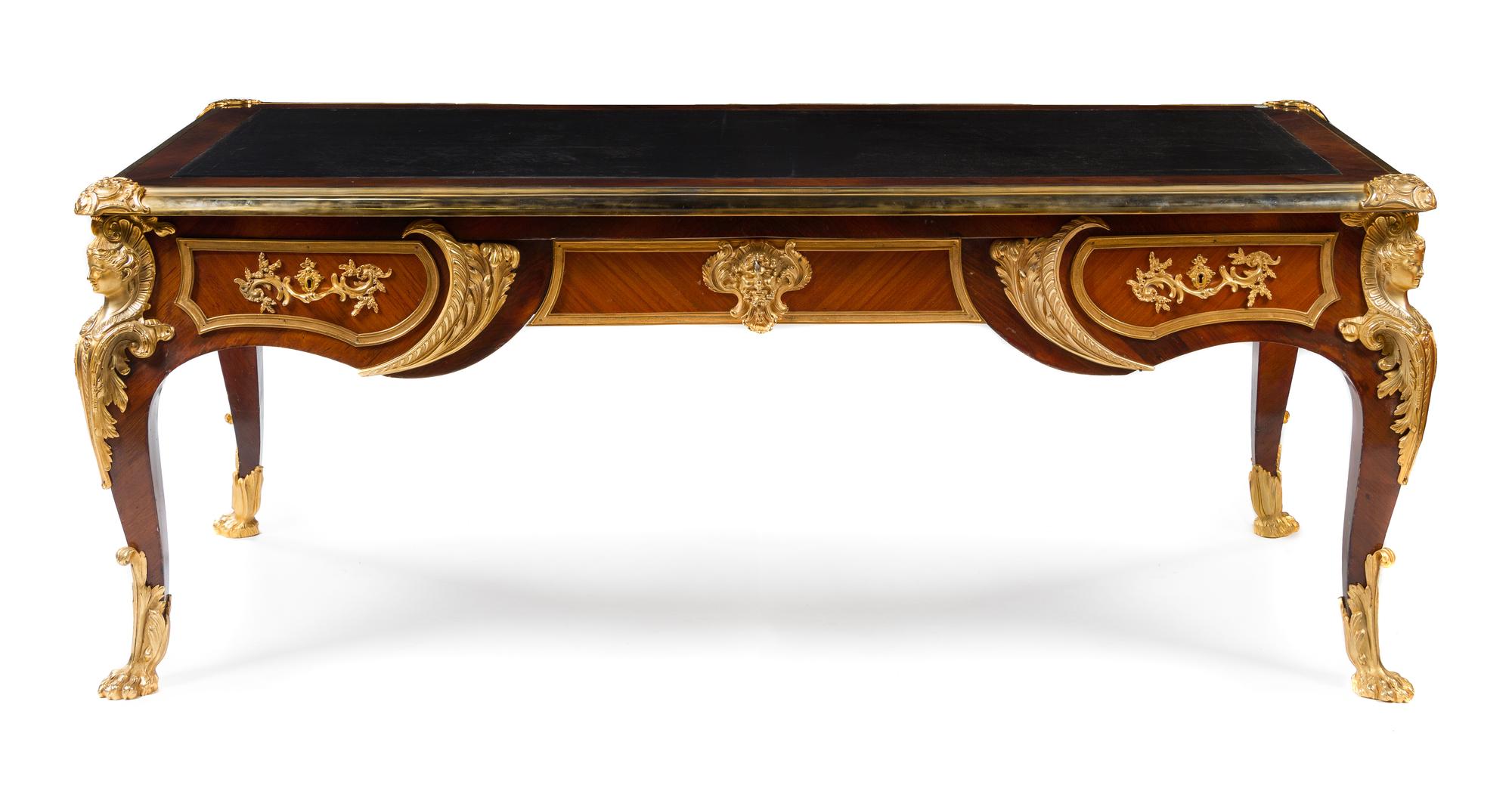 A Louis XV Style Gilt Bronze Mounted Bureau Plat Height 30 x width 78 x depth 39 inches. — STAMPED H. GEORGES, LATE 19TH CENTURY