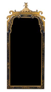 A Queen Anne Style Ebonized and Parcel Gilt Mirror, Height 46 1/2 x width 20 1/8 inches.