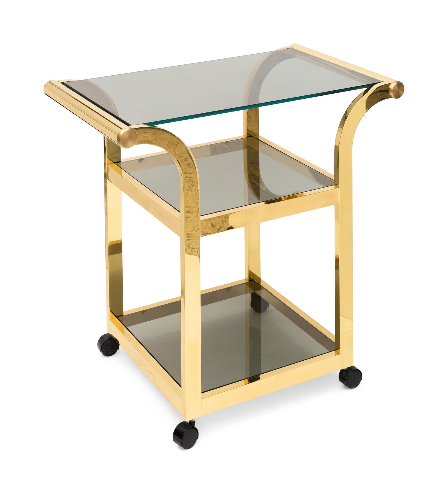 A Polished Brass and Smoked Glass Bar Cart