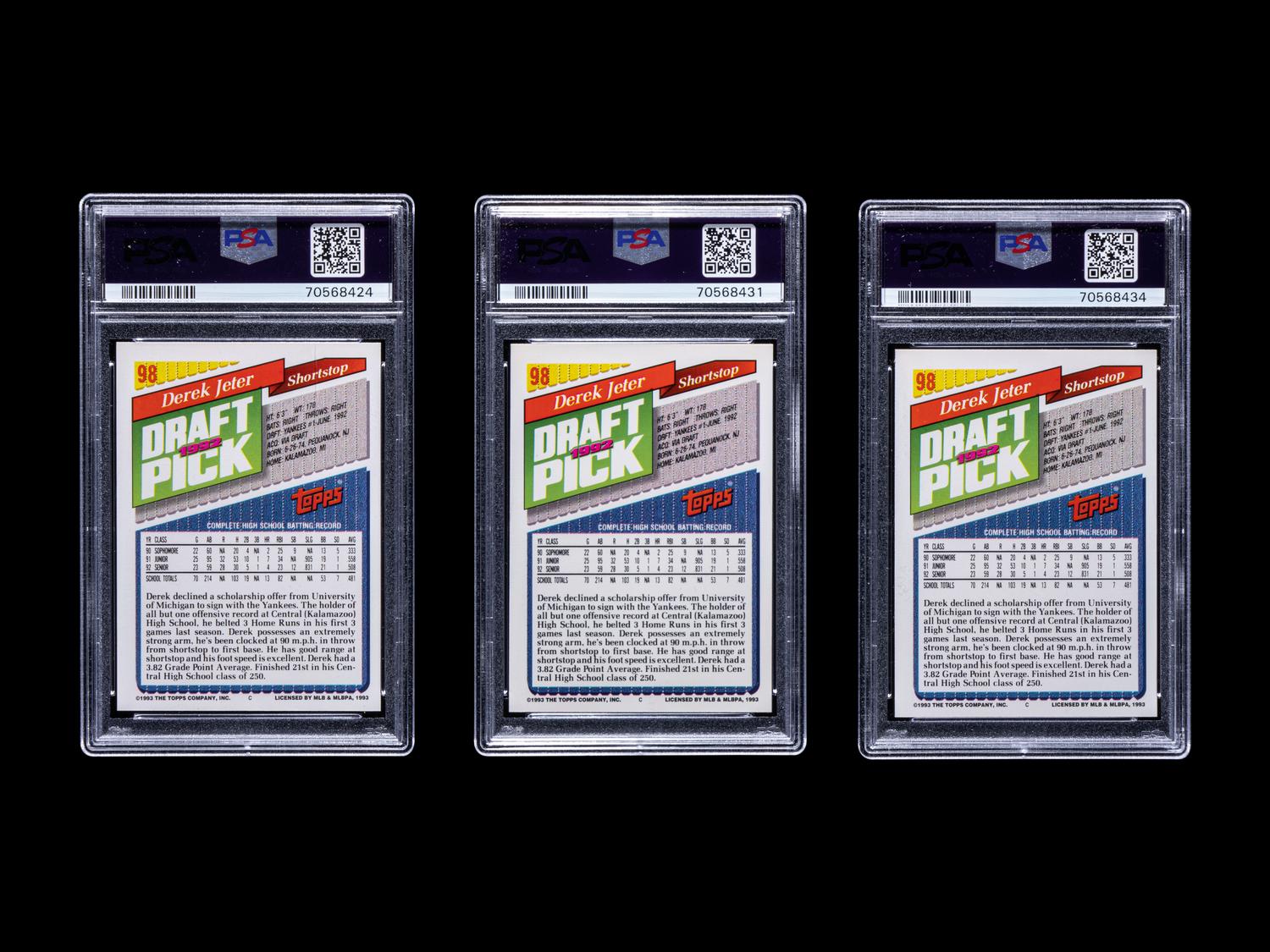 A Group of Three PSA 9 Graded 1992 Topps Derek Jeter Rookie Baseball Cards No. 98