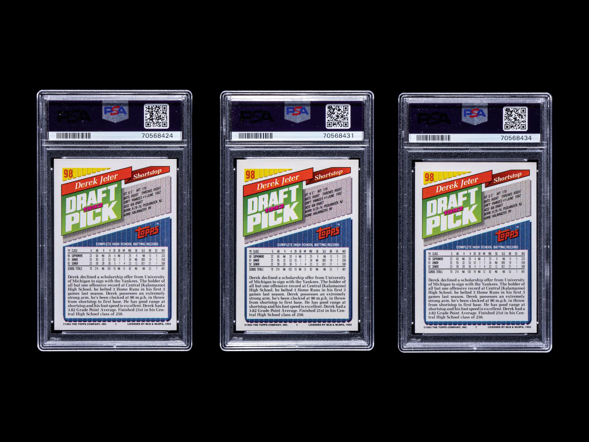 A Group of Three PSA 9 Graded 1992 Topps Derek Jeter Rookie Baseball Cards No. 98
