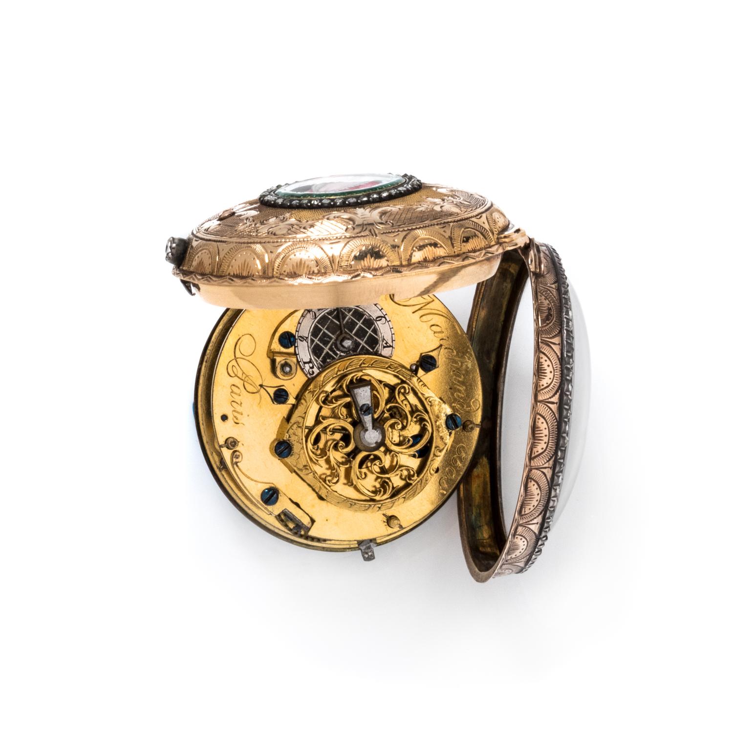 GILT-METAL, PASTE AND ENAMEL OPEN FACE POCKET WATCH