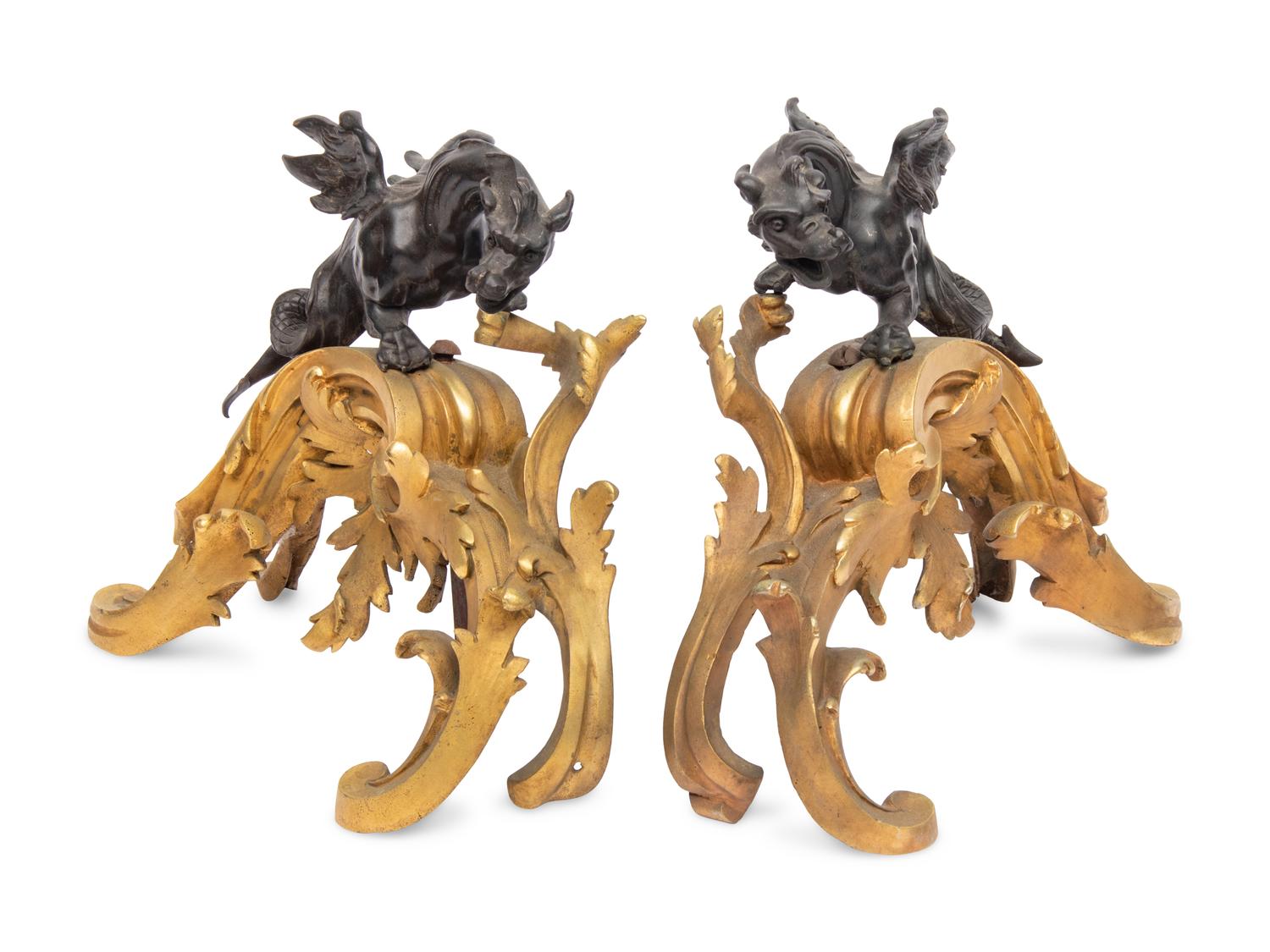A Pair of French Gilt and Patinated Bronze Chenets