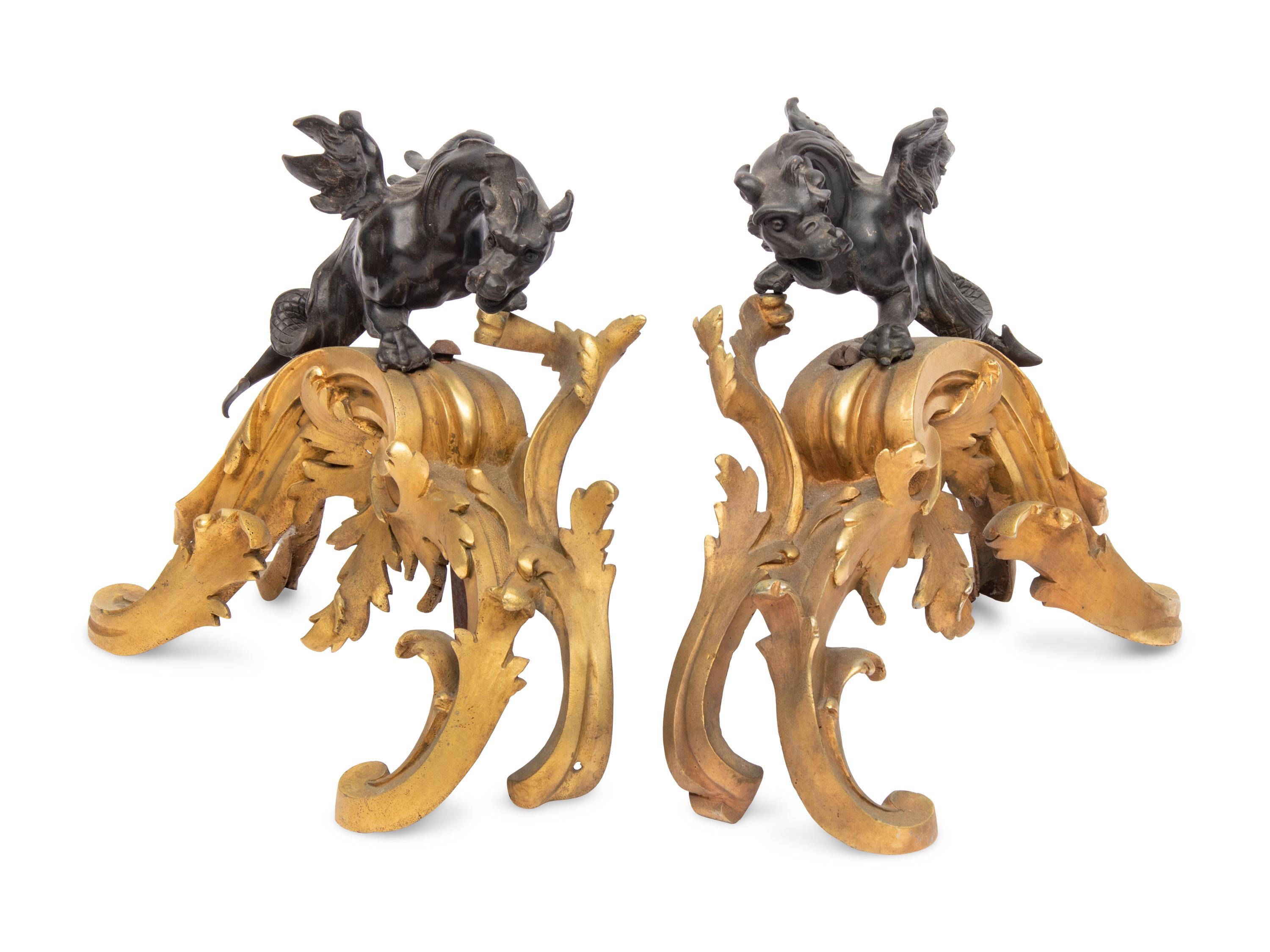A Pair of French Gilt and Patinated Bronze Chenets
