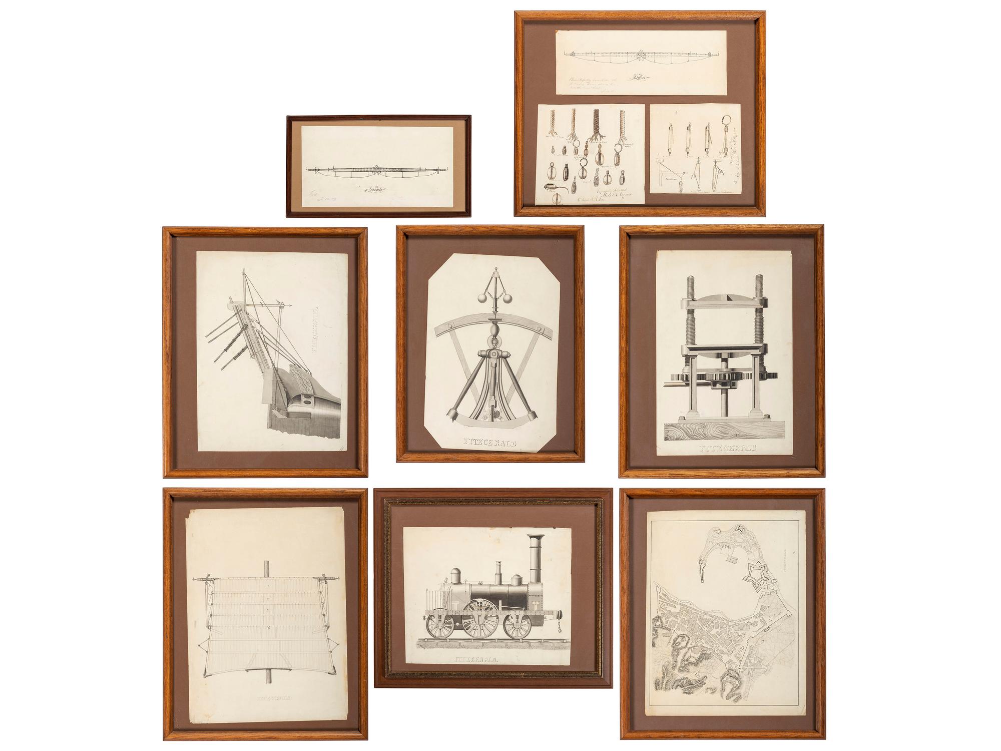 [CIVIL WAR]. A group of 10 pre-War drawings/sketches believed to be class art made at the Naval Academy, many identified to "Fitzgerald," incl. renderings of engines, devices, and a map.