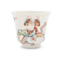 Six White Sgraffito Ground Famille Rose Porcelain "Eight Immortal' Bell-Shaped Wine Cups