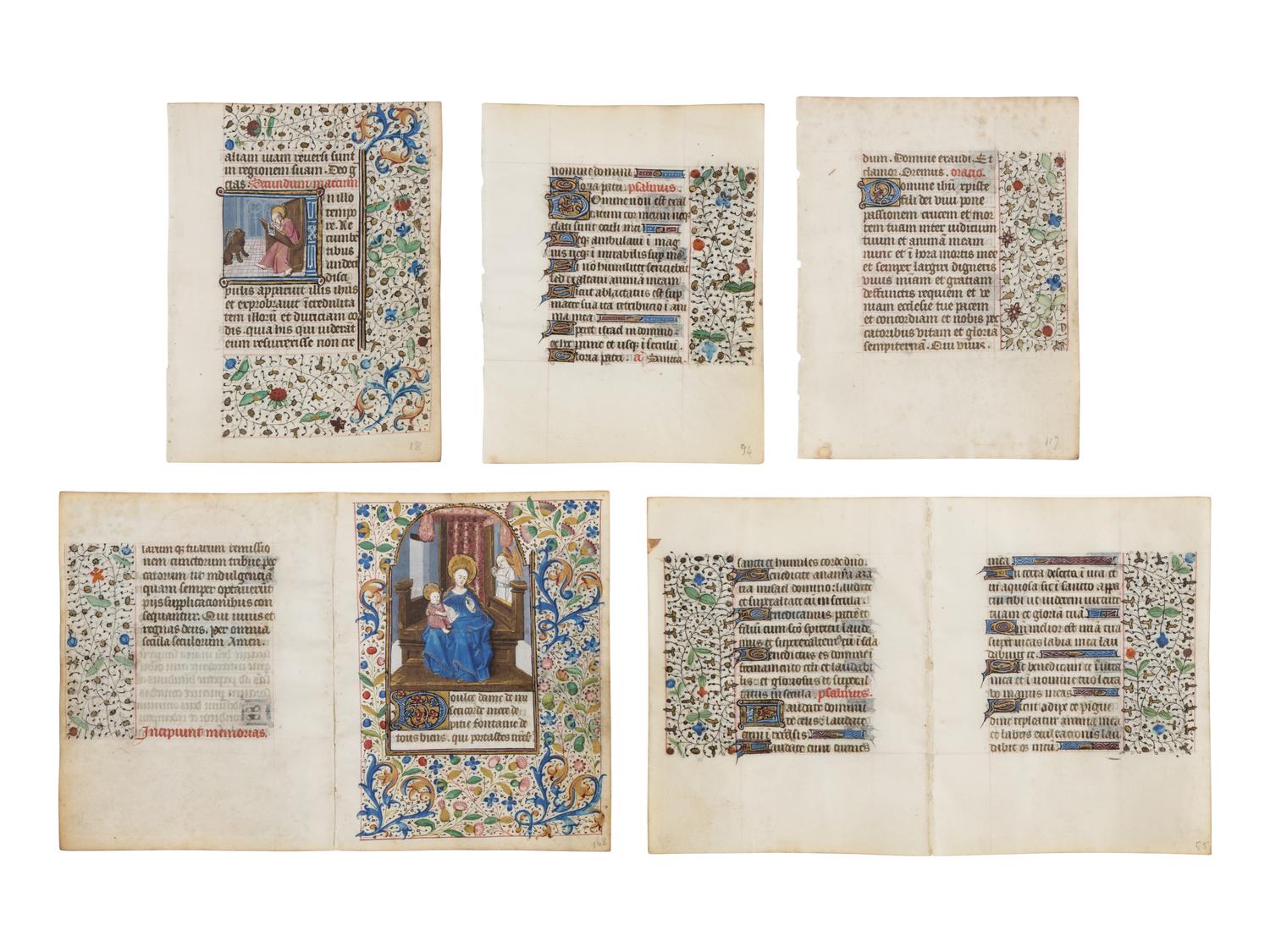 FOLLOWER OF THE MASTER OF JEAN ROLIN II (active Paris, c. 1445–1465) Two bifolios and three leaves from a Book of Hours, with miniatures of Saint Mark and the Virgin and Christ Child Enthroned, in Latin and French, illuminated manuscript on parchment [France, Paris, c. 1450–1470]