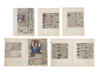 FOLLOWER OF THE MASTER OF JEAN ROLIN II (active Paris, c. 1445–1465) Two bifolios and three leaves from a Book of Hours, with miniatures of Saint Mark and the Virgin and Christ Child Enthroned, in Latin and French, illuminated manuscript on parchment [France, Paris, c. 1450–1470]