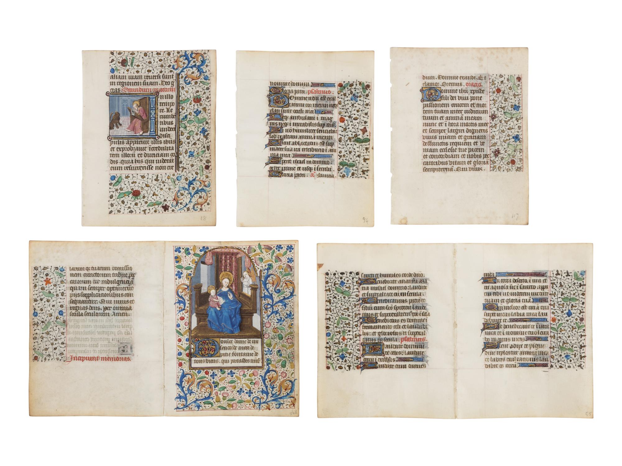 FOLLOWER OF THE MASTER OF JEAN ROLIN II (active Paris, c. 1445–1465) Two bifolios and three leaves from a Book of Hours, with miniatures of Saint Mark and the Virgin and Christ Child Enthroned, in Latin and French, illuminated manuscript on parchment [France, Paris, c. 1450–1470]