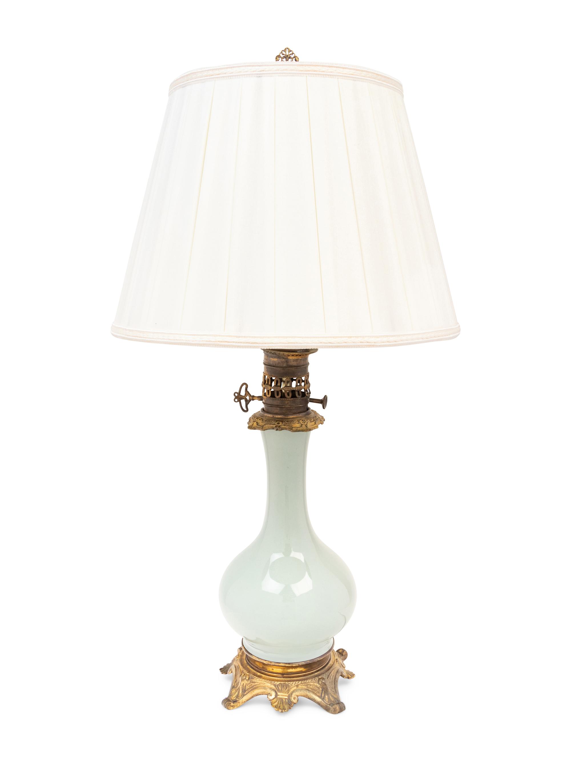A Gilt Bronze Mounted Celadon Glazed Porcelain Vase Mounted as a Lamp