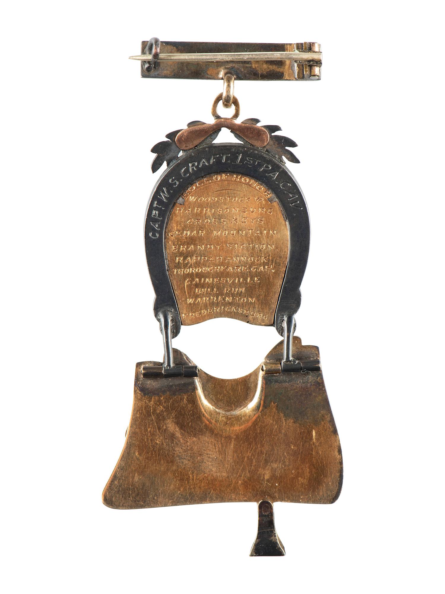 [CIVIL WAR]. "Bayard's Brigade" badge identified to Captain William S. Craft, 1st Pennsylvania Cavalry, WIA Hawes' Shop, Virginia.