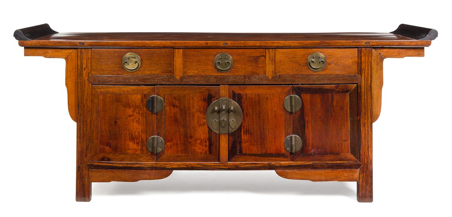 A Chinese Huanghuali Wood Altar Coffer Height 36 x width 86 x depth 19 1/2 inches.