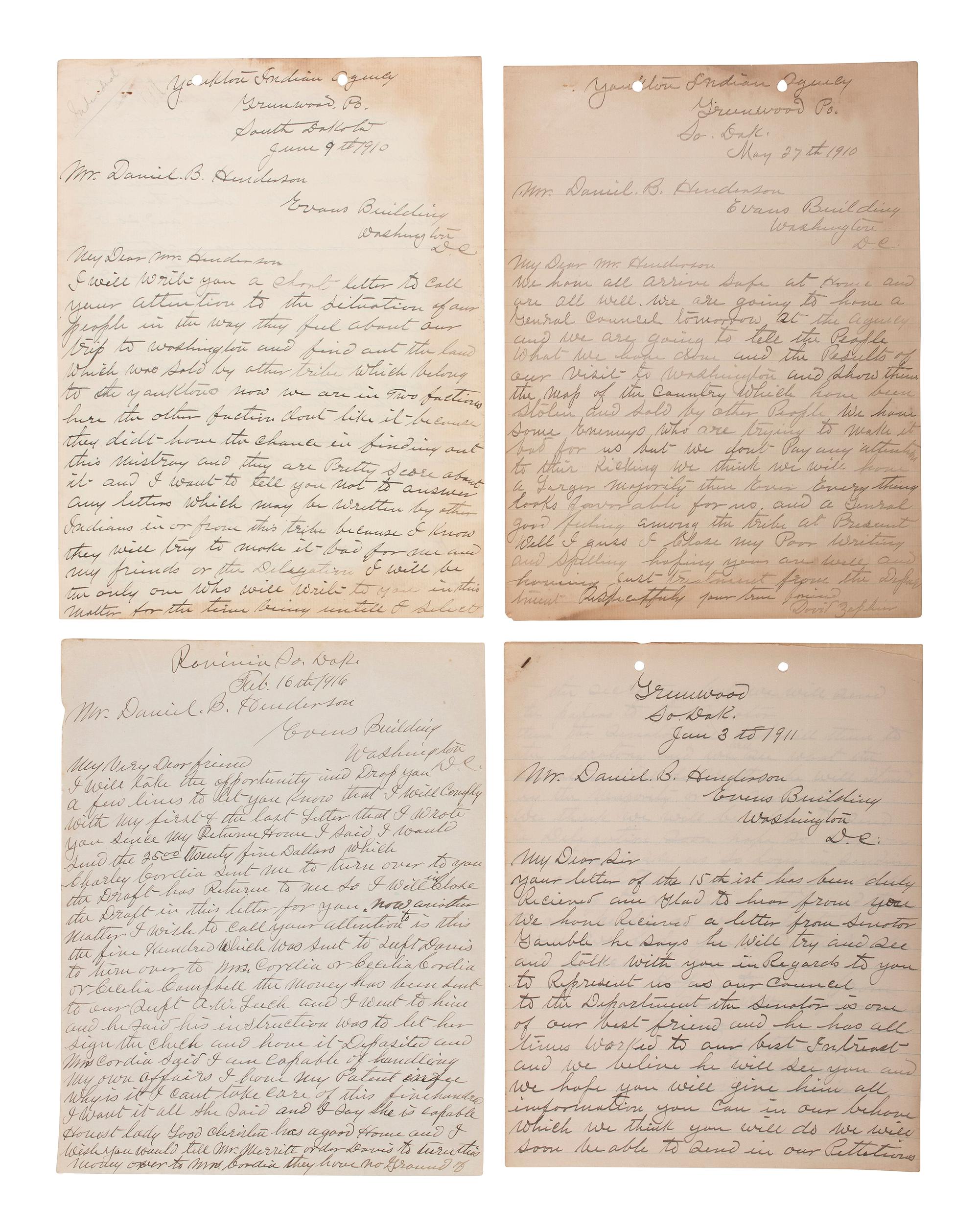[NATIVE AMERICANS] -- [HENDERSON, Daniel B. (1862-1940)]. An archive of letters and documents mostly related to Henderson's work representing Native American interests, including:
