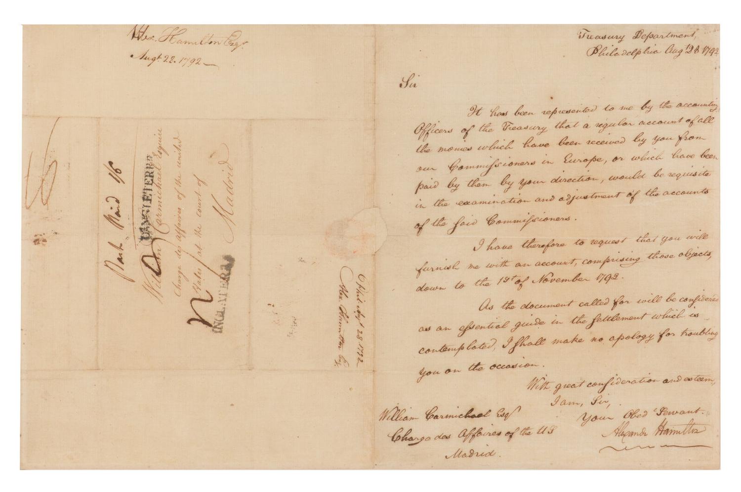 [FOUNDING FATHER]. HAMILTON, Alexander (1757-1804). Manuscript letter signed as Secretary of the Treasury ("Alexandr Hamilton") to William Carmichael, Philadelphia, 28 August 1792.
