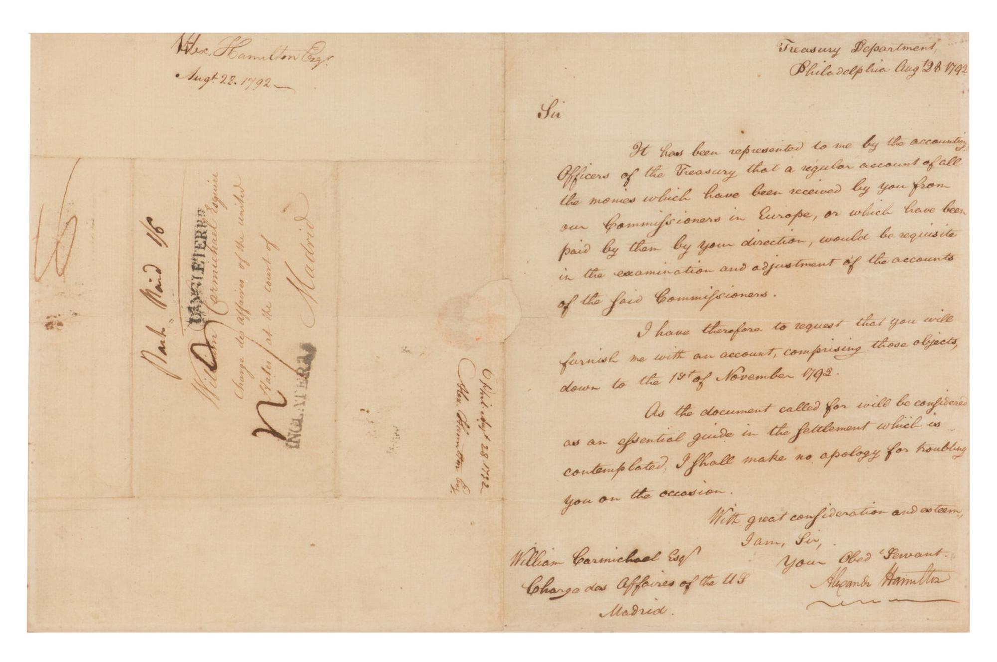 [FOUNDING FATHER]. HAMILTON, Alexander (1757-1804). Manuscript letter signed as Secretary of the Treasury ("Alexandr Hamilton") to William Carmichael, Philadelphia, 28 August 1792.