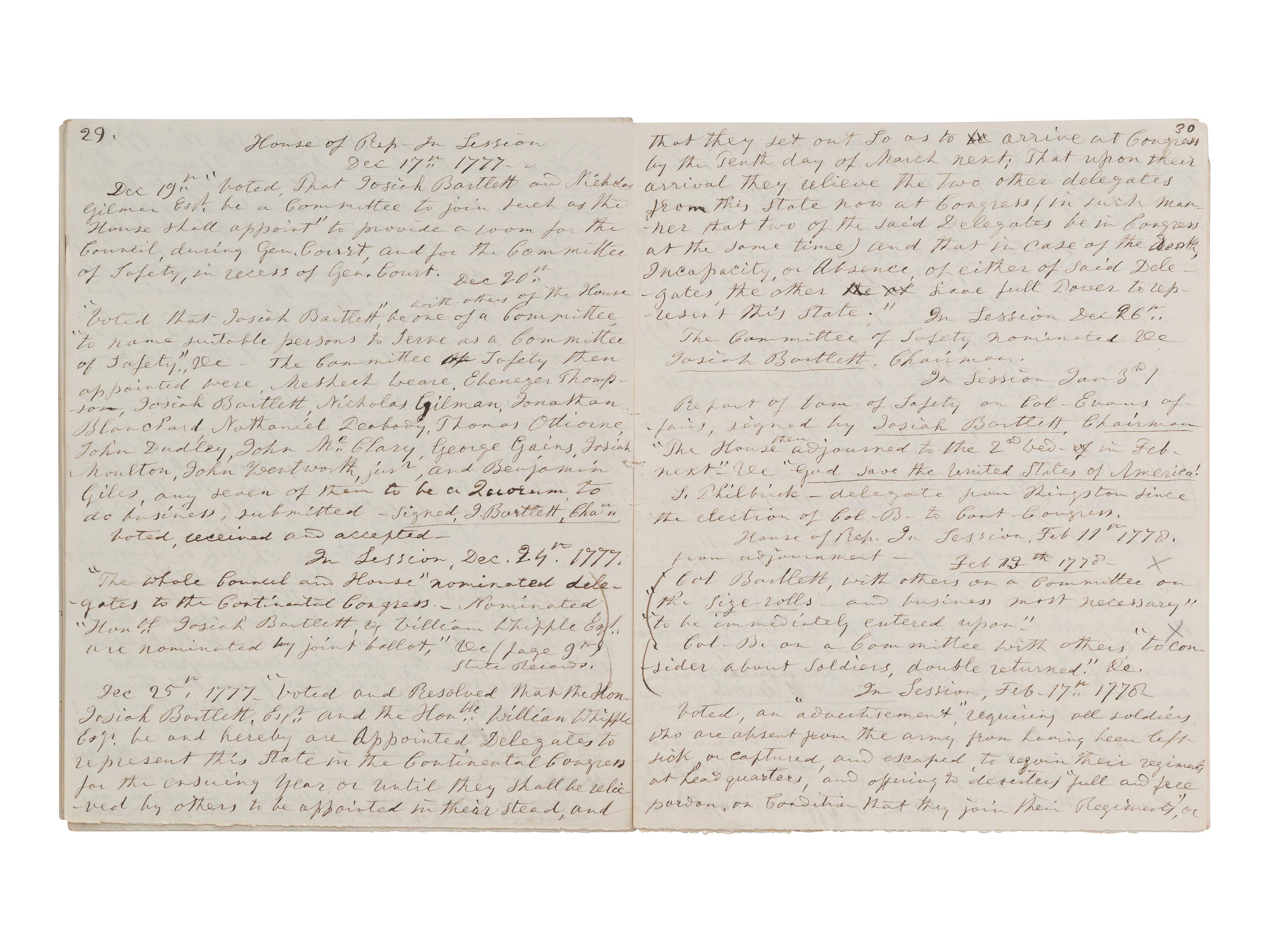 [SIGNER]. Manuscript journal regarding Josiah Bartlett, Declaration of Independence signer.