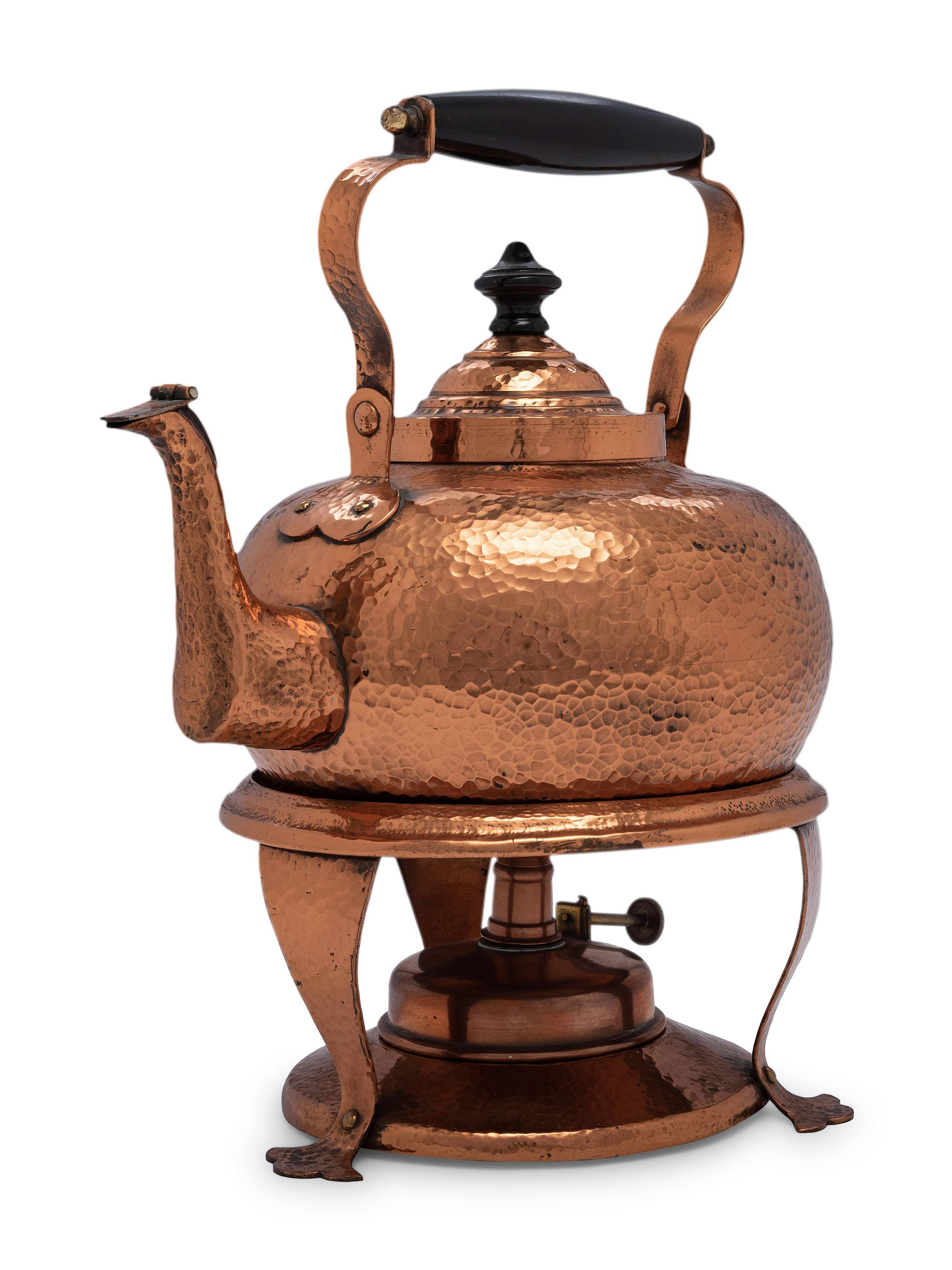 An American Hammered Copper Kettle on Stand
