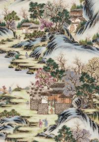 A Pair of Chinese Famille Rose 'Landscape' Porcelain Panels, Republic Period 民國 粉彩山水圖瓷挂屏一對