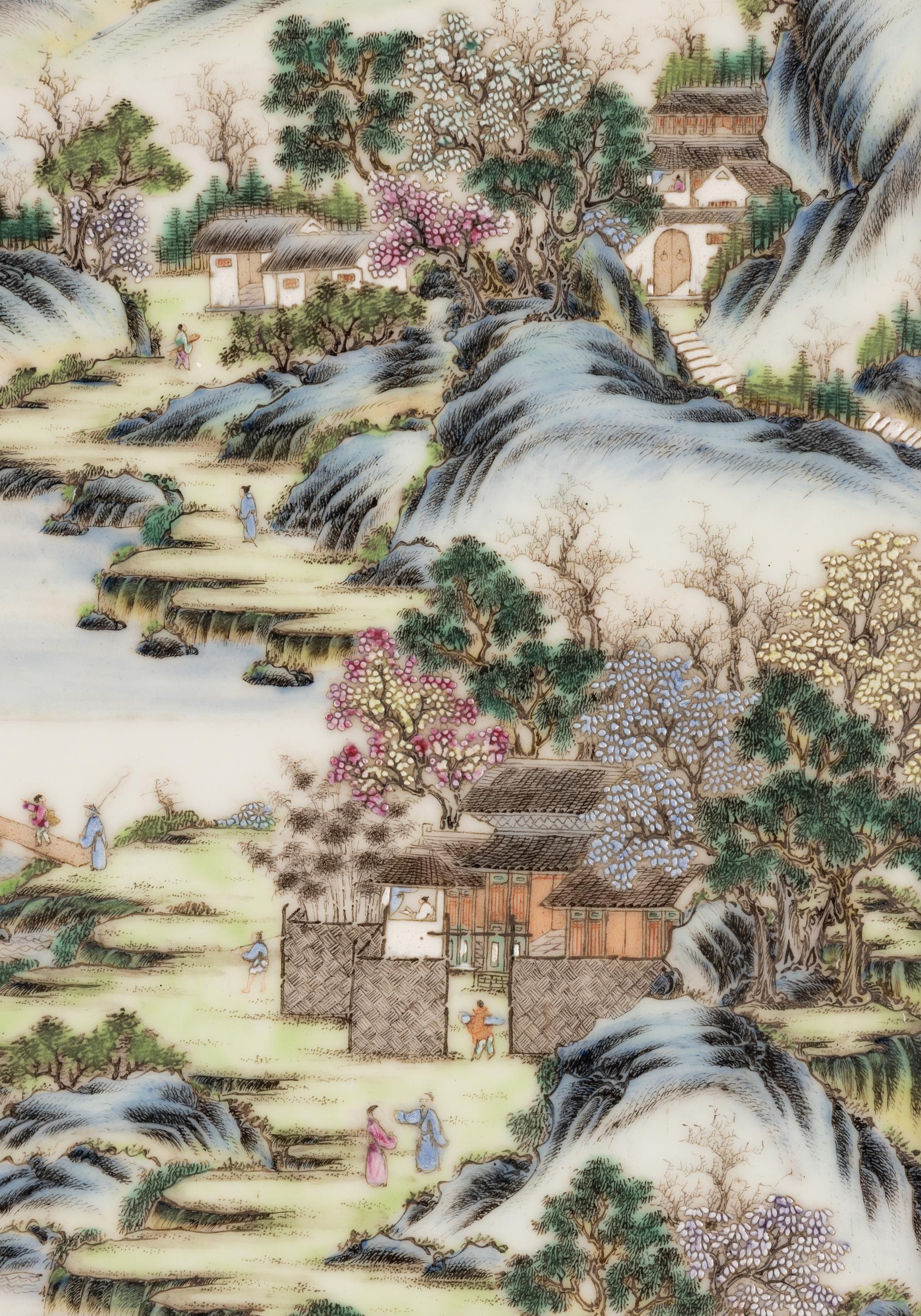 A Pair of Chinese Famille Rose 'Landscape' Porcelain Panels, Republic Period 民國 粉彩山水圖瓷挂屏一對