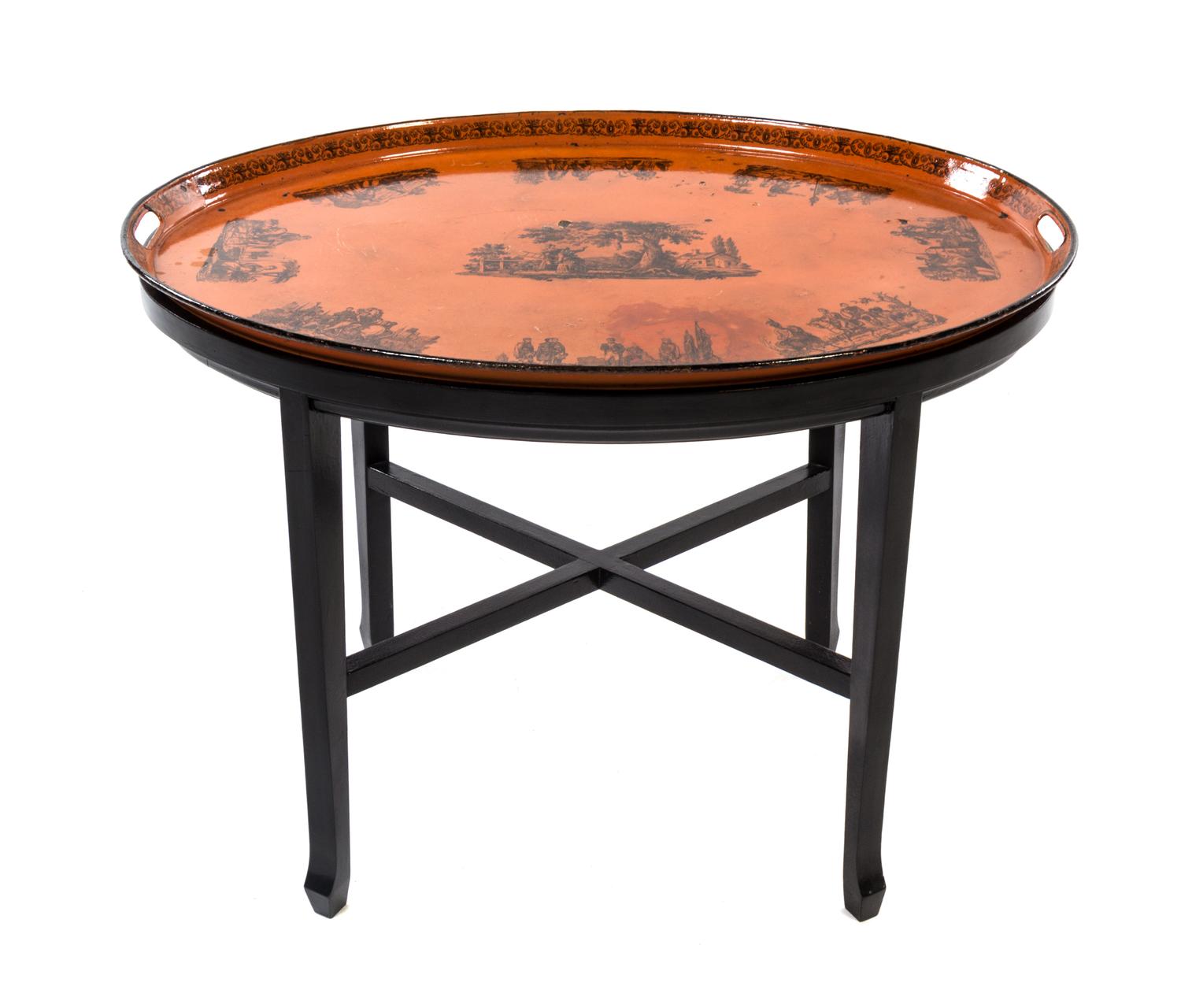 A Continental Painted Tole Oval Tray Height 19 x width 27 3/4 x depth 20 3/4 inches.