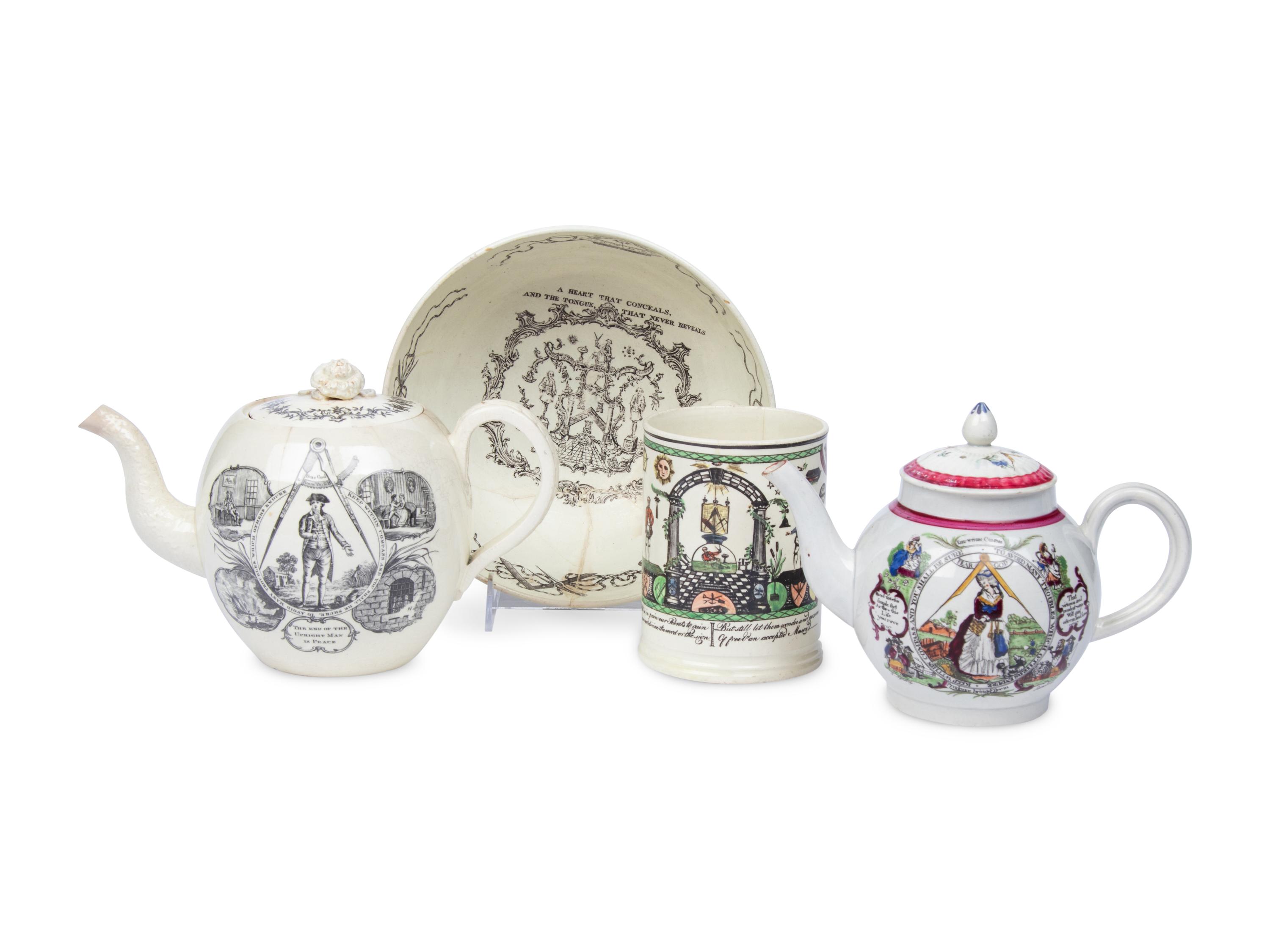 A Group Of Four English Transfer-Printed Creamware And Pearlware Articles With Masonic Decoration
