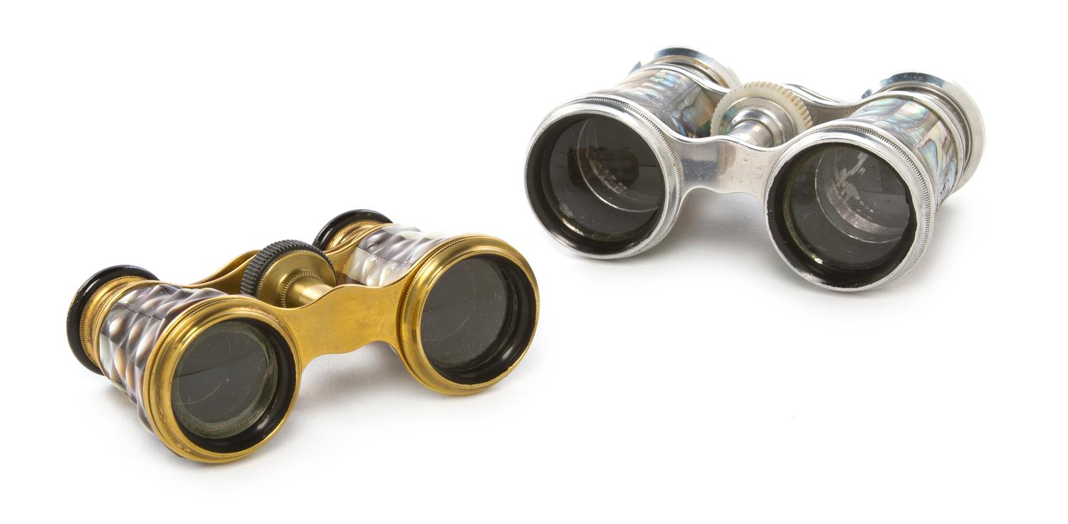 Two Pairs of French Opera Glasses, Width of first 4 inches.