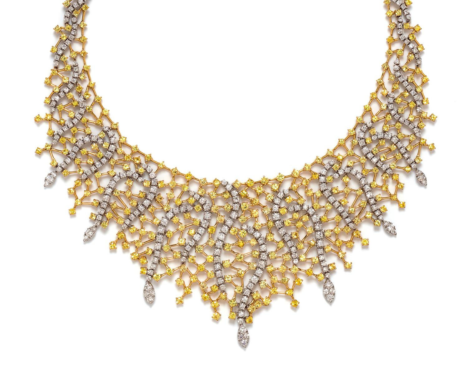 An 18 Karat Bicolor Gold, Diamond and Yellow Sapphire Bib Necklace, Andreoli, 75.20 dwts.