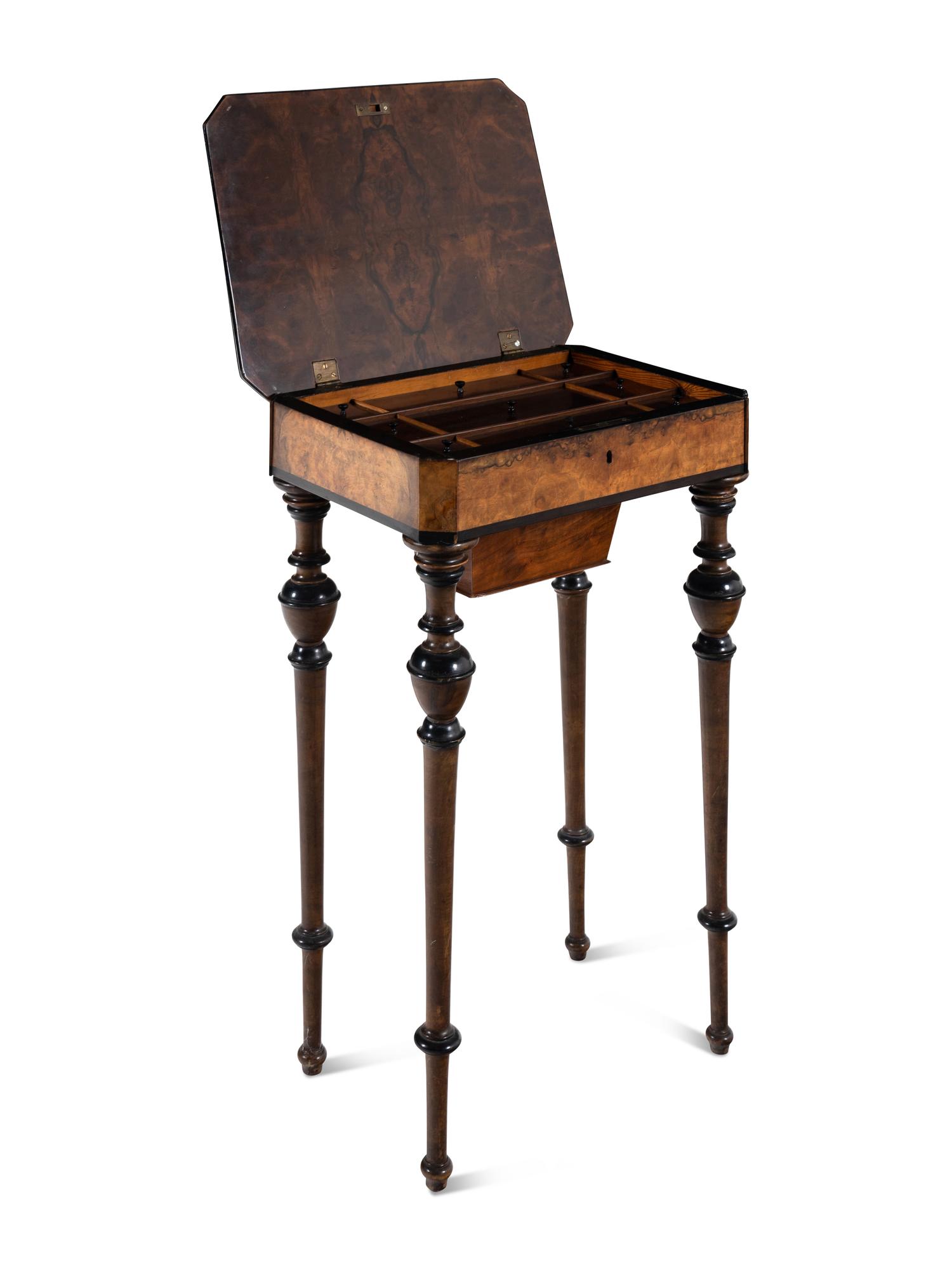 A Continental Part Ebonized Burl Walnut Work Table