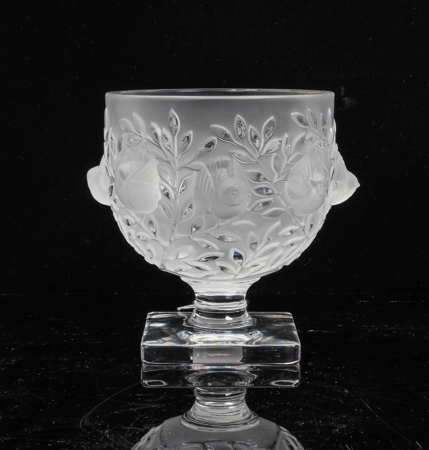 A Lalique Molded and Frosted Glass Vase Height 5 1/2 inches.