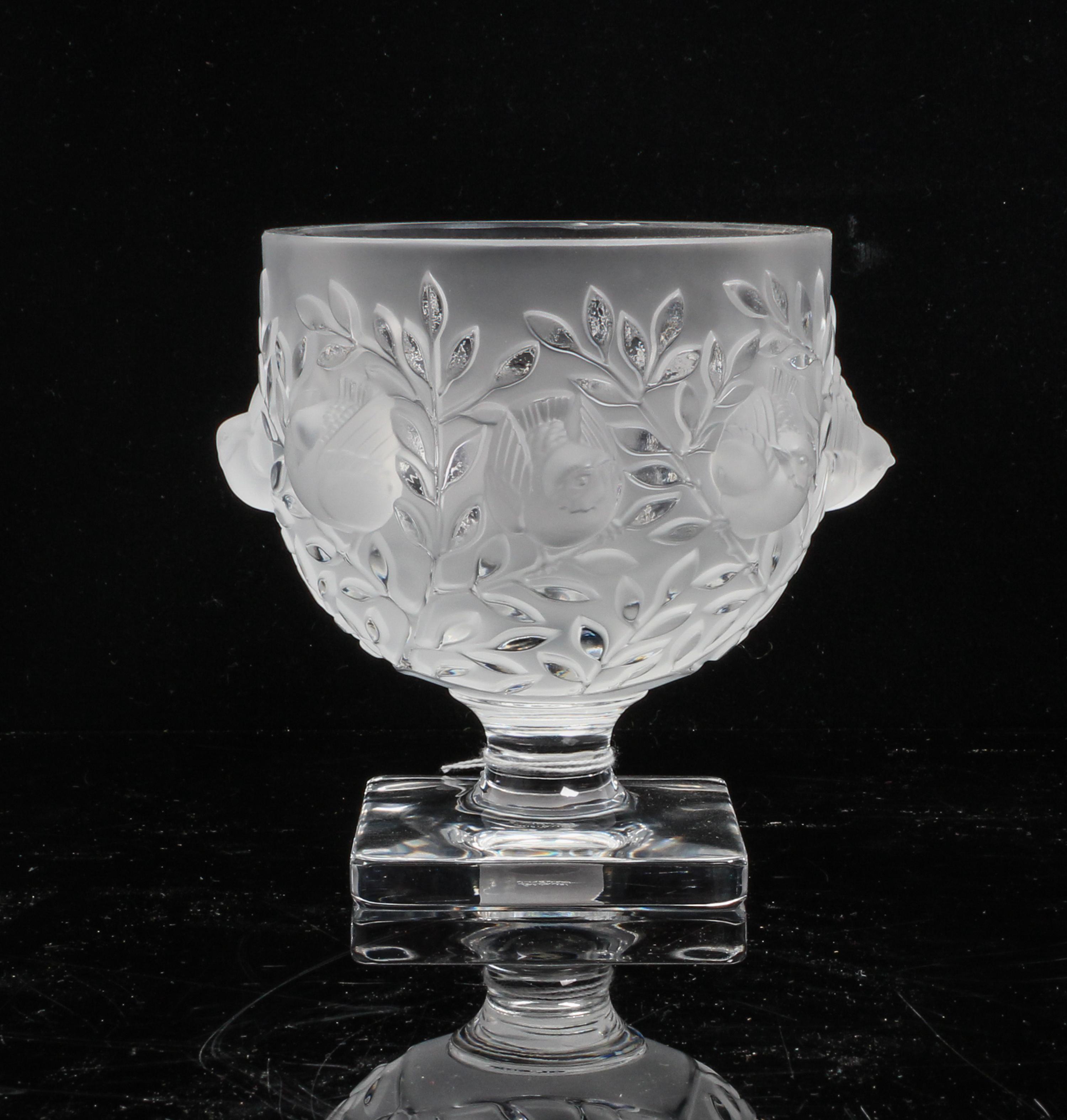 A Lalique Molded and Frosted Glass Vase Height 5 1/2 inches.