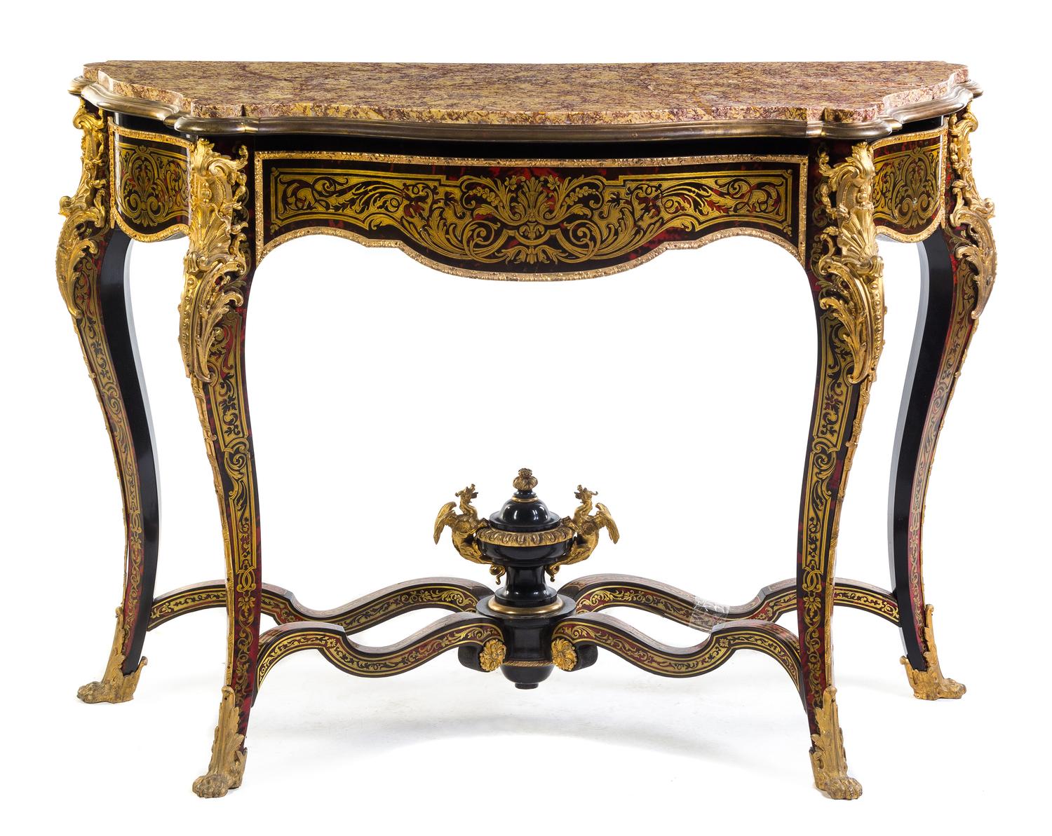 A Napoleon III Gilt Bronze Mounted Boulle Marquetry Console Table Height 37 1/2 x width 51 1/2 x depth 19 1/2 inches. — 19TH CENTURY