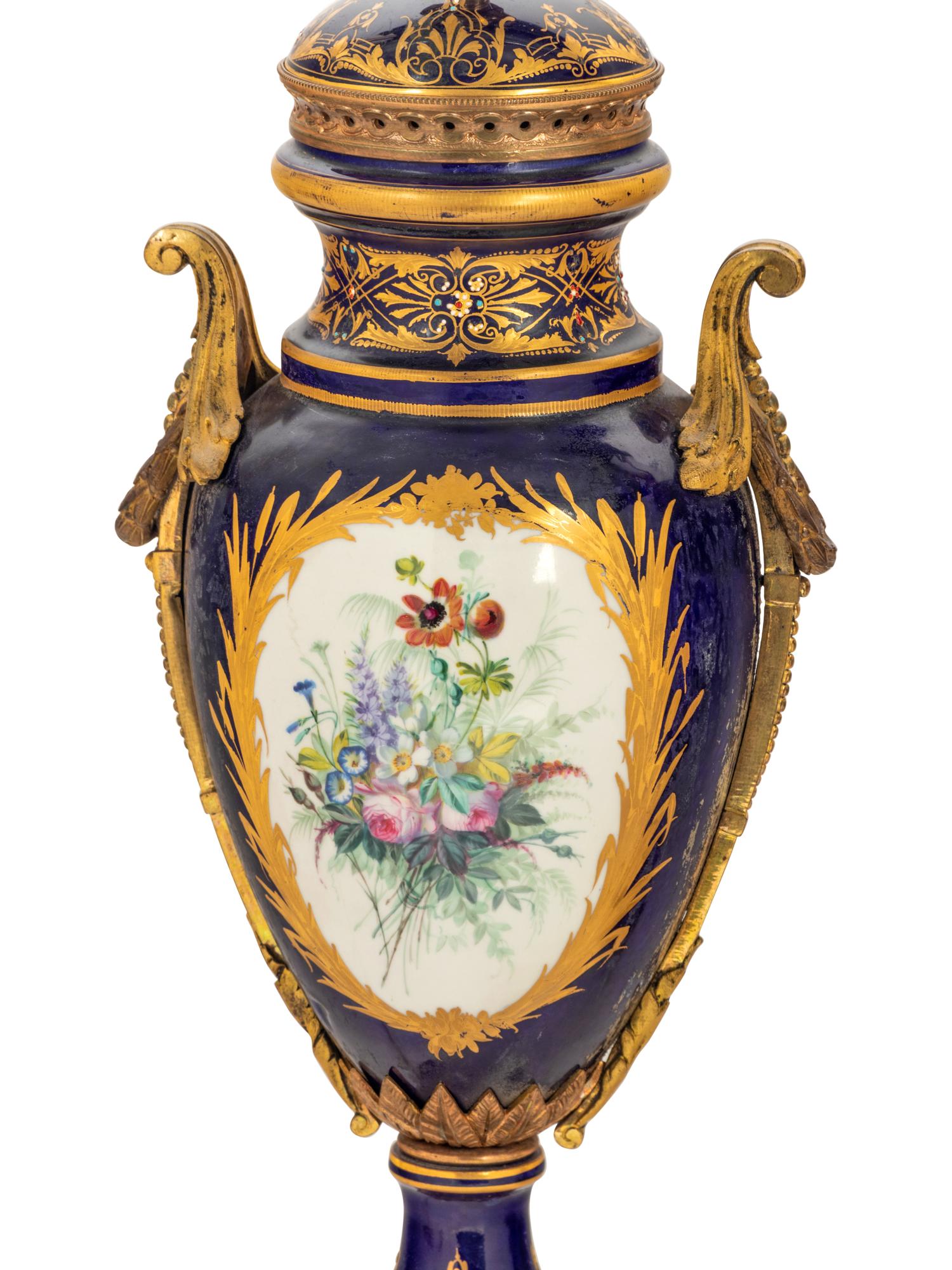 A Pair of Gilt Bronze-Mounted Sèvres Style Porcelain Vases Converted to Lamps