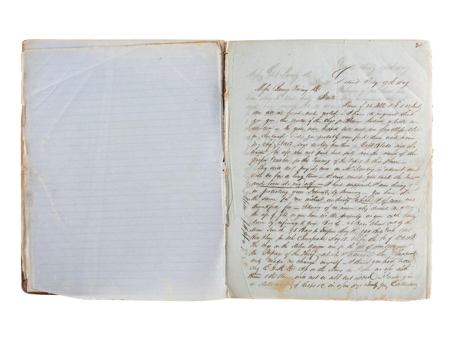 [TRANSPORTATION] -- [SHIPPING]. Letter press copy book featuring discussion of early Great Lakes shipping and commerce within the 1847 business correspondence of Detroit shipbuilder, merchant, and vessel owner Elon W. Hudson (1818-1901).