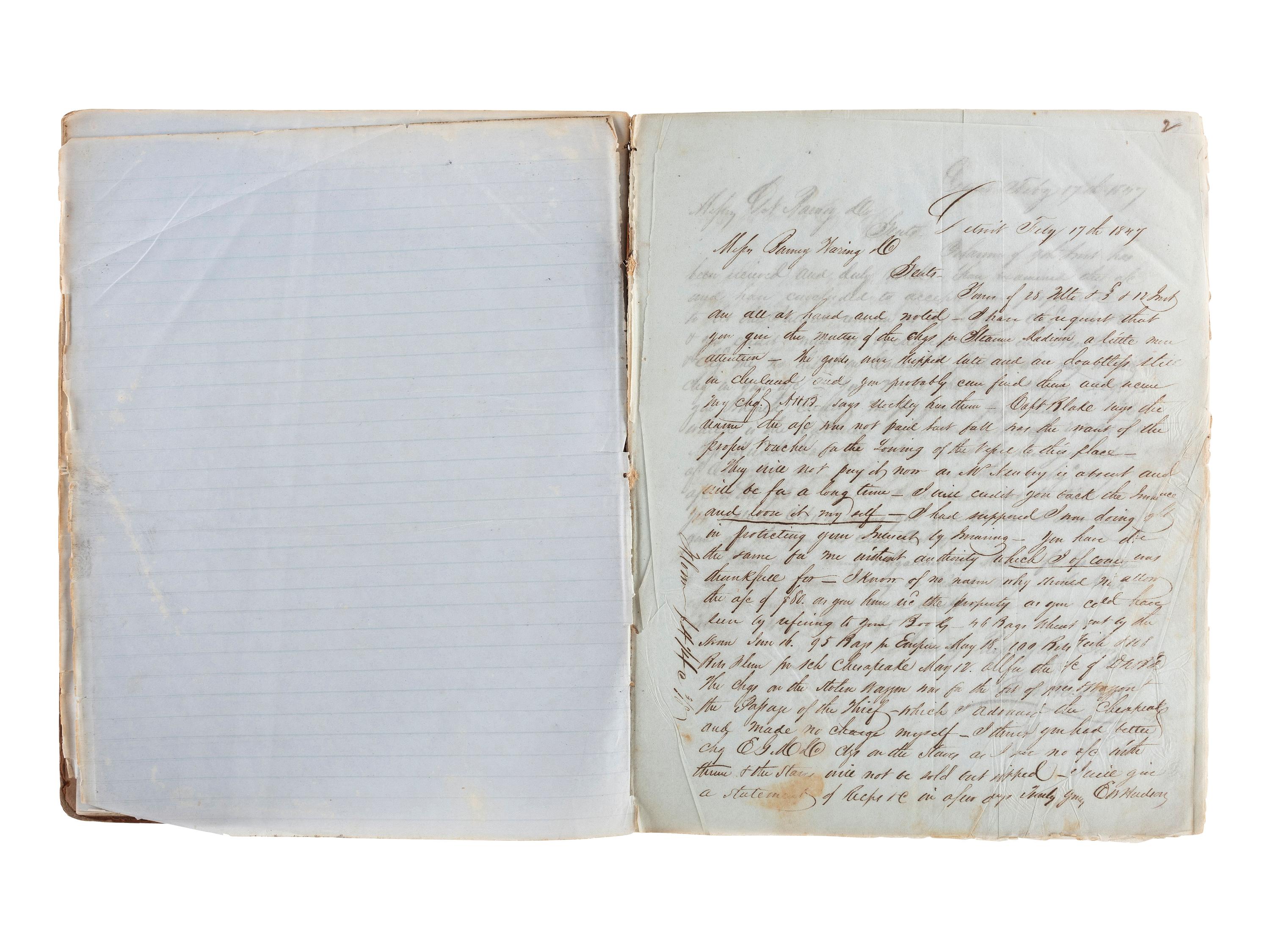 [TRANSPORTATION] -- [SHIPPING]. Letter press copy book featuring discussion of early Great Lakes shipping and commerce within the 1847 business correspondence of Detroit shipbuilder, merchant, and vessel owner Elon W. Hudson (1818-1901).