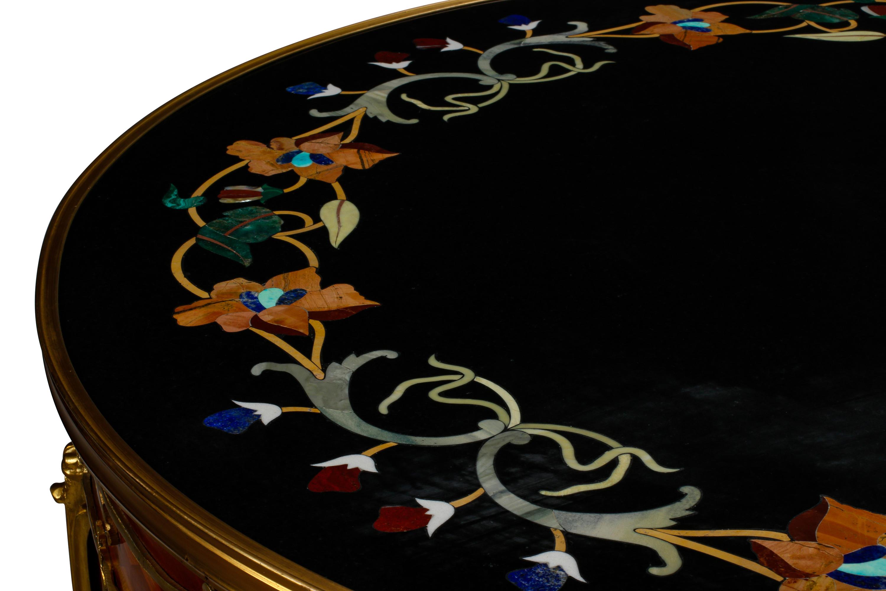 A Louis XV Style Parquetry, Specimen Marble and Gilt Bronze Mounted Table