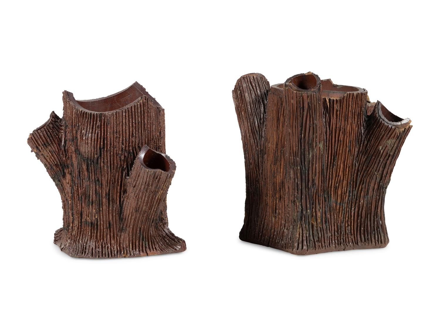 A Pair of Glazed Sewer Tile Treetrunk-Form Lawn Ornaments