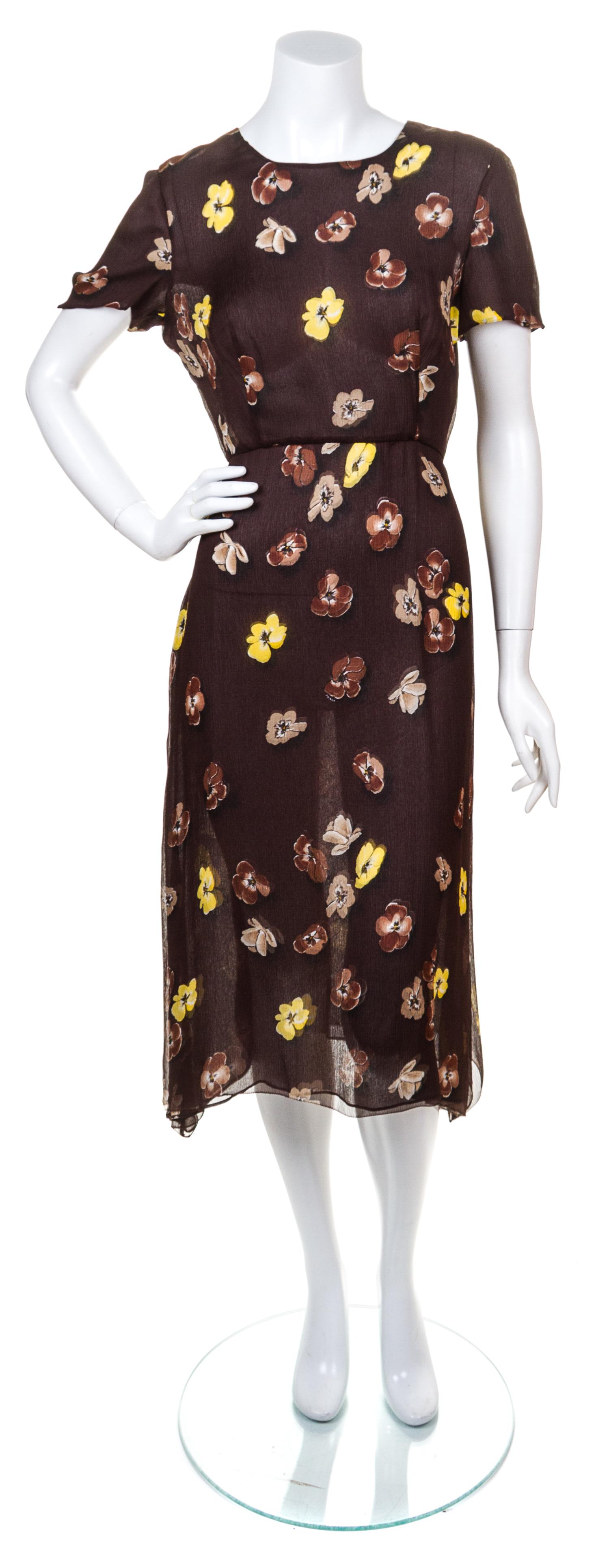 A Prada Brown Silk Floral Dress, Size 44.