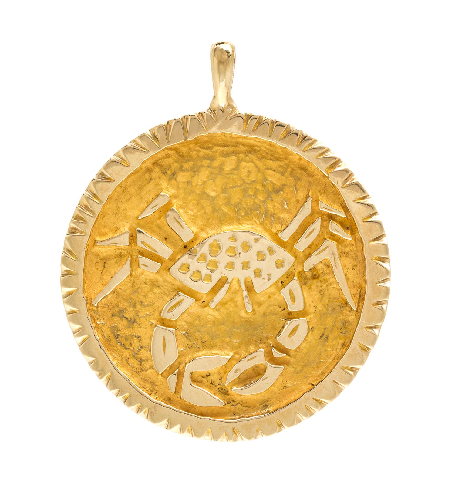A Yellow Gold Cancer Zodiac Pendant, 12.70 dwts.