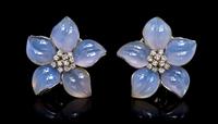 A Pair of White Gold, Chalcedony and Diamond Flower Earclips, 22.50 dwts.