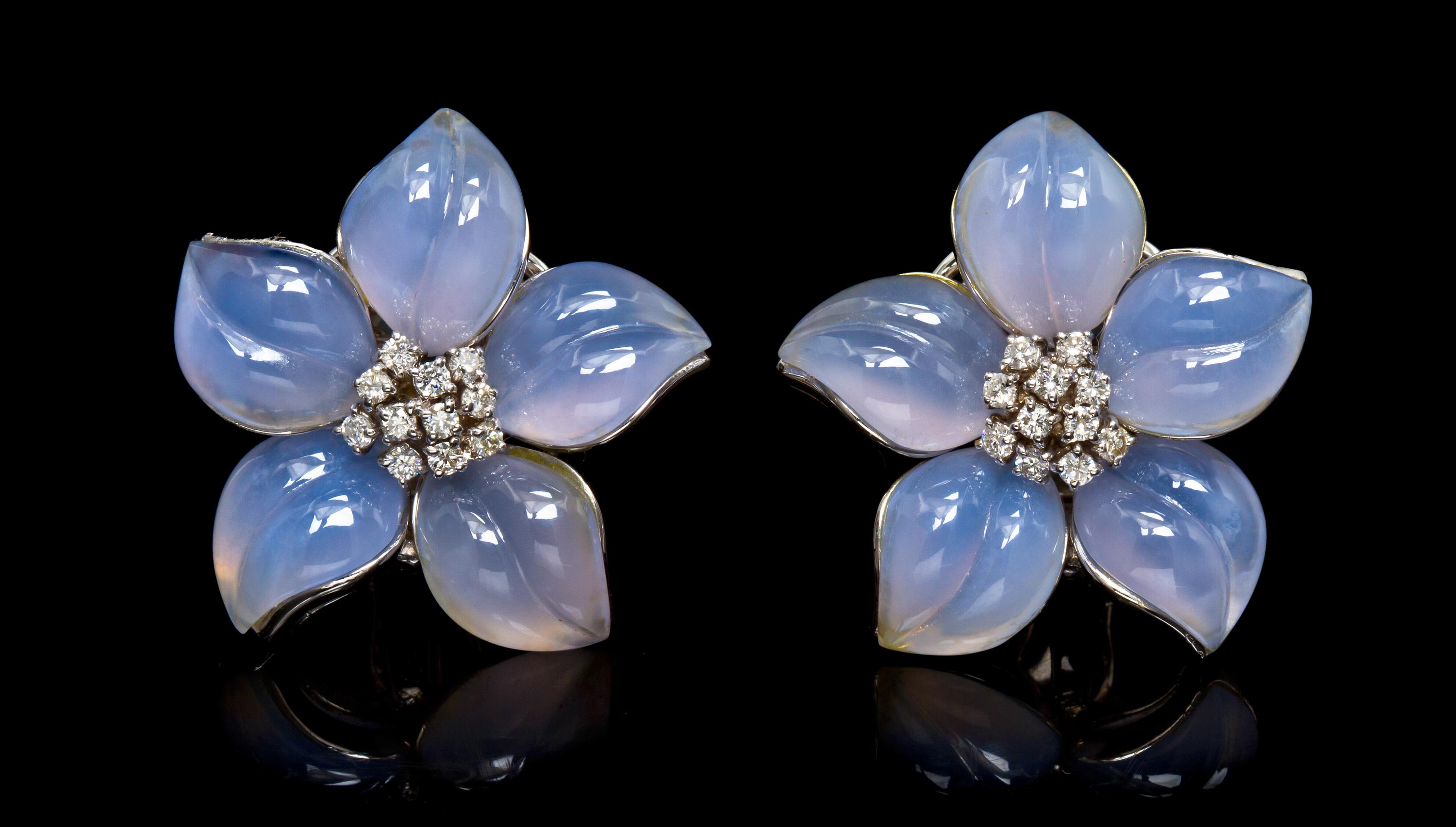 A Pair of White Gold, Chalcedony and Diamond Flower Earclips, 22.50 dwts.