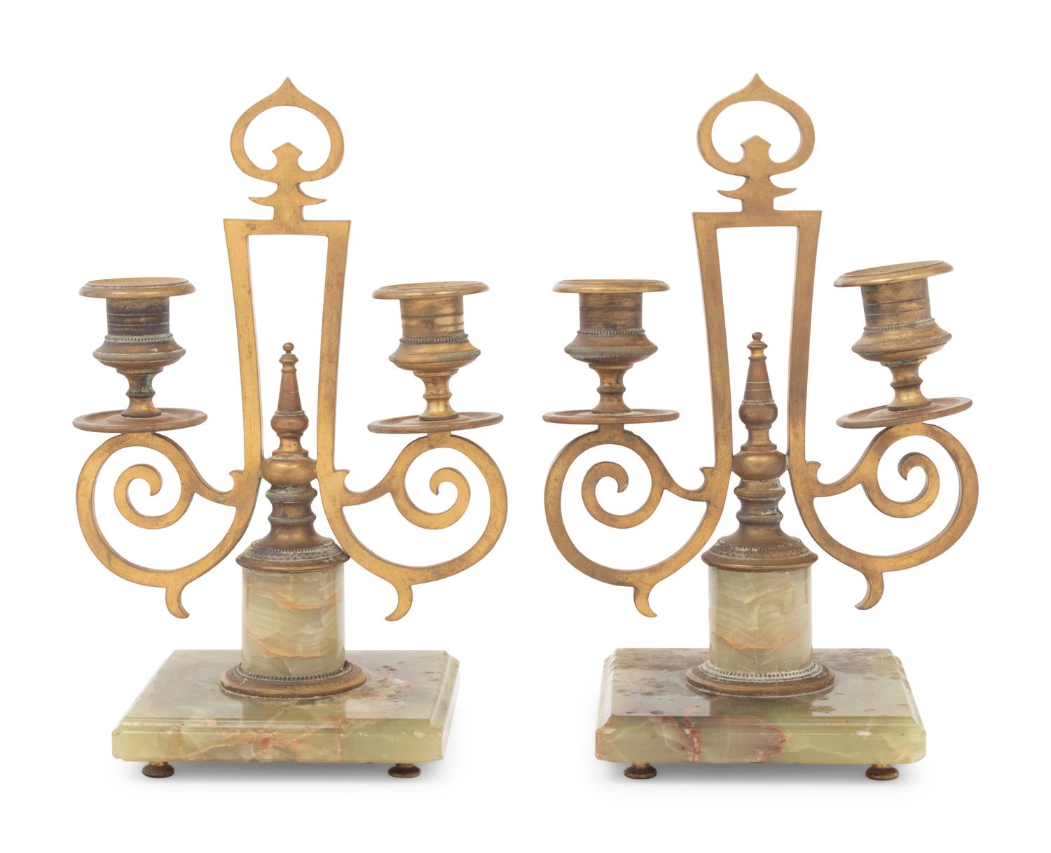 A Pair of Russian Gilt Bronze and Onyx Two-Light Candlesticks