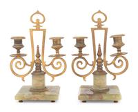 A Pair of Russian Gilt Bronze and Onyx Two-Light Candlesticks